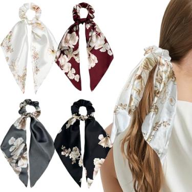 Imagem de Cachecol feminino bege amarelo para laços de fita de cabelo elásticos de laço com cauda, elásticos de chiffon floral de bolinhas elásticos de cabelo longo laços suporte de rabo de cavalo (4 peças de