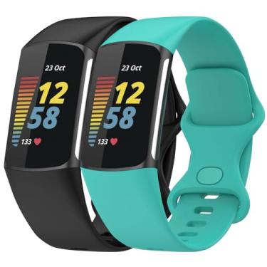 Imagem de Anuoli Pacote com 2 pulseiras compatíveis com Fitbit Charge 6 Charge 5, pulseira de substituição de silicone macio para mulheres e homens (preto_azul-petróleo, pequeno (14 a 19,8 cm)