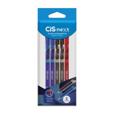 Imagem de Caneta Esferográfica CIS Next, Pacote com 5 unidades (2 azul, 2 preta e 1 vermelha)