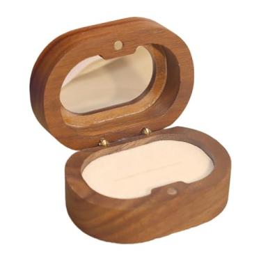 Imagem de UGPLM Caso de exibição oval, organizador de jóias de madeira, caixa de anel de proposta com janela de lembrança, caixa de anel, Slot Single Bege