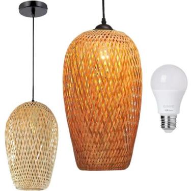 Imagem de Lustre Pendente Bambu 37cm Fibra Natural Luminária Teto KJDD-E-640-B2 