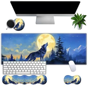 Imagem de Conjunto grande de mouse pad para jogos com suporte de pulso – 80 cm x 30 cm 4 em 1 2GG mousepad com apoio de pulso para teclado, descanso de pulso e porta-copos – tapete de mesa ergonômico para