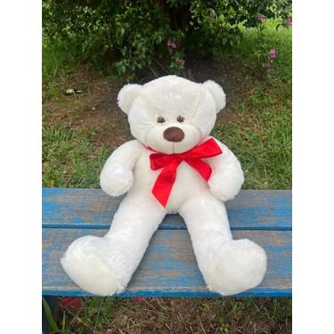 Imagem de Urso De Pelúcia Grande Bicho Com Laço 50cm Macio Cores (Baunilha Laço vermelho)