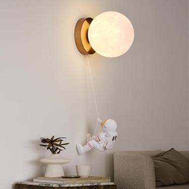 Imagem de ATALUZ Luminária De Parede Com Lua E Astronauta - Luminária De Parede Moderna Sem Fio Impressa Em 3D Para Quarto Infantil, Quarto, Sala De Estar Com Suporte De Latão, Cúpula De Lua De 5,9" E Astron
