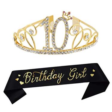 Imagem de Tiara e faixa de ouro de 10º aniversário, artigos para festa de 10 anos, faixa de cetim com glitter e tiara de cristal, coroa de aniversário de princesa para meninas, lembrancinhas de decoração de