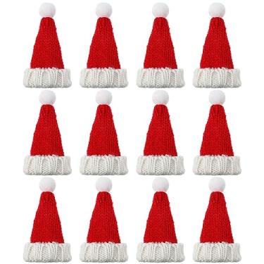 Imagem de Bencailor Mini chapéus de Papai Noel para artesanato pequeno chapéu de malha de Natal minúsculo suporte de garrafa de vinho chapéu de boneca de Natal talheres mesa decorações de jantar capas de doces decoração tampa de garrafas, vermelho (12 peças)