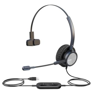 Imagem de Fone de ouvido USB com microfone com cancelamento de ruído e botão de silêncio de controle de volume em linha para zoom Skype conferência chamada online cursos PC fone de ouvido de computador azul pérola mono de orelha única lado mono monaural