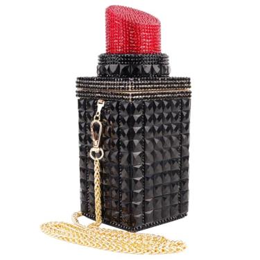 Imagem de Sheiyeah Bolsa feminina em forma de batom incrustada com strass cristal glitter bolsas para noite bolsa clutch brilhante para banquete, Preto