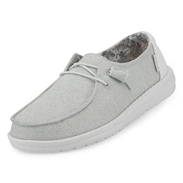 Imagem de Hey Dude Wendy Chambray feminino | Sapatos femininos | Mocassins femininos com cadarço | Confortável e leve, Branco brilhante elástico, 38