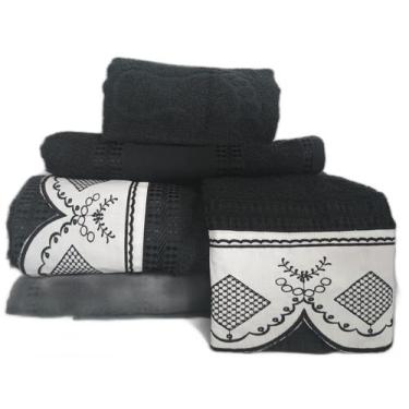 Imagem de Jogo Toalha Banho Gigante Luxo Nobre 5 Pçs Bordadas Preto - Thais Enxo