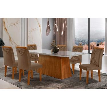 Imagem de Conjunto: Mesa Sala Jantar Luna Tampo Madeirado c/ Vidro Canto Curvo 180x90 e 6 Cadeiras Amsterdã Imbuia/Suede Capuccino - Rufato
