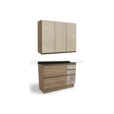 Imagem de Kit de Cozinha Completa 3 Peças Maxxi (1Aéreo+1Balcão+1Complemento) C3P13 Nogal/Preto Brilho - Kappesberg