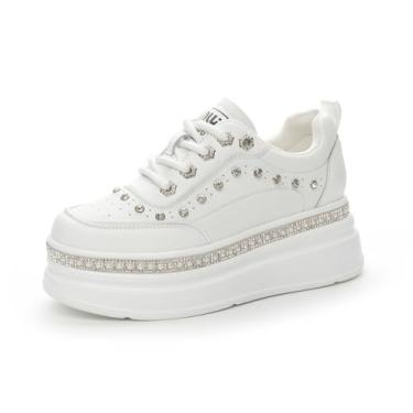 Imagem de Amtopiyo Tênis feminino moderno plataforma strass brilhante cadarço sapatos de caminhada, Branco, 34