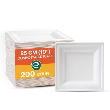 Imagem de ECO SOUL Pratos de papel quadrados de 25 cm branco pérola [pacote com 200] (livre de PFAS) | 100% saco descartável compostável pratos de jantar ecológicos resistentes I Pratos ecológicos de cana de açúcar biodegradáveis