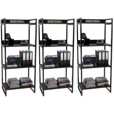 Imagem de Kit 3 Estantes Com 4 Prateleiras Escritório 146x60cm Preto