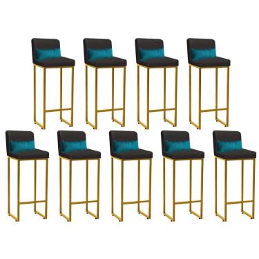 Imagem de Kit 09 Banqueta Alta Ferro Dourado Suede Cinza E Almofada Azul Turquesa - Amey Decor