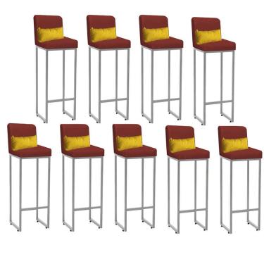 Imagem de Kit 09 Banqueta Alta Com Encosto Ferro Cinza Suede Vermelho E Almofada Amarelo - Amey Decor