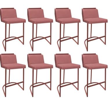 Imagem de Kit 08 Banquetas Com Encosto Confort Bistrô Cozinha Ferro Bronze Suede Rose Gold Amey Decor