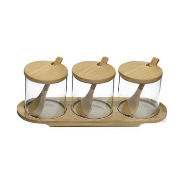 Imagem de Jogo 3 Potes De Vidro C- Tampa, Colher E Suporte Em Bambu