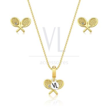 Imagem de Colar E Brinco Raquetes De Tennis Com Revestimento Em Ouro