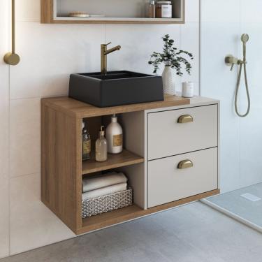 Imagem de Gabinete De Banheiro Suspenso 80cm Helena Com 2 Gavetas E Cuba Mel/arenas