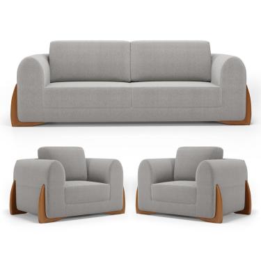 Imagem de Kit 02 Poltronas E 01 Sofá Bloom 200cm 03 Lugares Com Pés De Madeira Bouclê Cinza - Des...