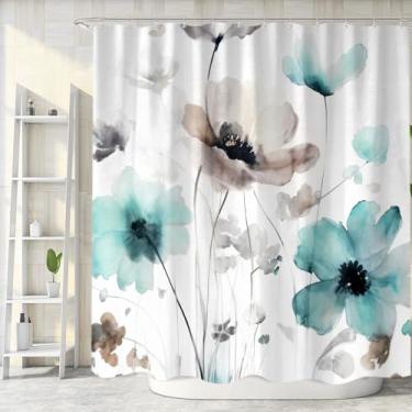 Imagem de Cortina de chuveiro floral boho, bege creme, bege, azul-petróleo, cinza, branco, flor de fazenda, conjunto de cortinas de chuveiro para banheiro decorativo com ganchos 152 x 183 cm, decoração de banho