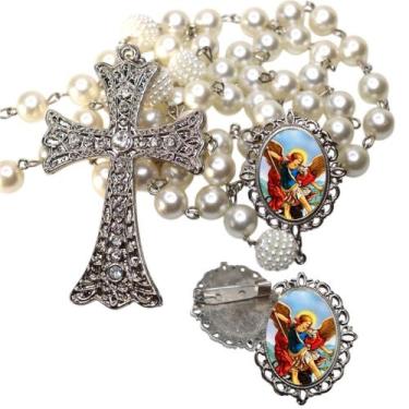 Imagem de Terço de Noiva de Luxo Cravejado com Broche de Lapela São Miguel Quali