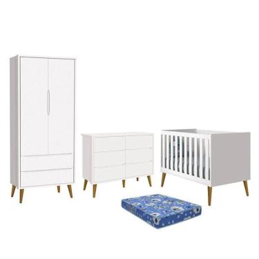 Imagem de Dormitório Theo 2 Portas, Cômoda 6 Gavetas, Berço Branco Fosco Com Pés Amadeirado E Colchão - Reller Móveis Branco Fosco