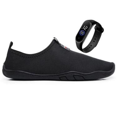 Imagem de Kit Sapatilha Aquática Aqua01 Para Praia Caique Rio Pesca Preto+ Relóg
