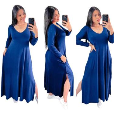 Imagem de Vestido longo gola v com fenda lateral  manga longa - Neide modas, Azu
