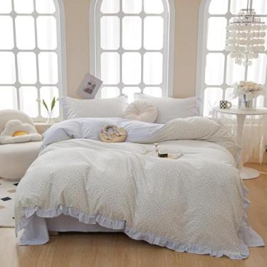 Imagem de HighBuy Conjunto de edredom floral Queen com babados e flores azuis, romântico, renda, floral, fofo, 1 edredom com babados e 2 fronhas de renda