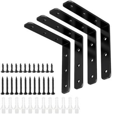 Imagem de YUMORE Suporte L, carga máxima de 10 x 10 cm: 25 lb/12 kg Suporte de prateleira sólida de aço inoxidável resistente Suporte de canto junta de ângulo direito, pacote com 4, preto