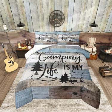 Imagem de Manfei Conjunto De Edredom Para Camping Tamanho Queen, Roupa Cama Trailers Rv Decoração Quarto Meninos E Meninas, Plumas Com Tema Aventura Em Madeira Cinza Azul, Rústico Fazenda, 2 Fronhas