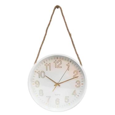 Imagem de Relógio De Parede Branco Quartz Redondo Com Corda De Sisal