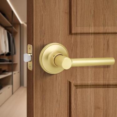 Imagem de Gaurqiah Maçaneta de porta de passagem dourada escovada, alavanca de porta sem travamento de design redondo, maçaneta de porta reversível para armário de corredor, latão acetinado