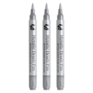 Imagem de Kit 3 Canetas Marcador, Metálica Prata, Pincel Ponta Brush Metallic (Silver, 3)
