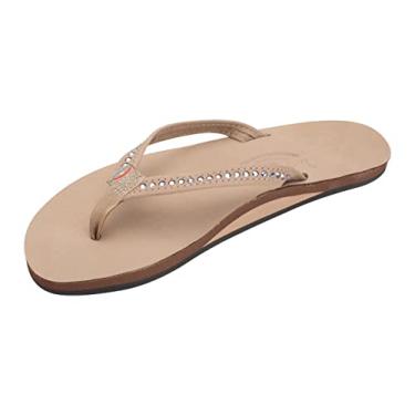 Imagem de Rainbow Sandals Camada única feminina de couro premium com tira estreita de cristal Swarovski, Sierra Brown, 6.5-7.5