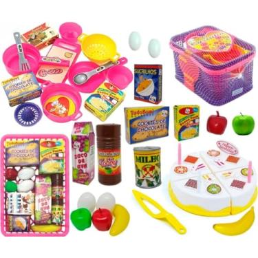 Imagem de Kit Cozinha Infantil Com Comida De Brinquedo Cesta De Utensilios Bolo De Aniversário E Mercadinho - 35 Peças