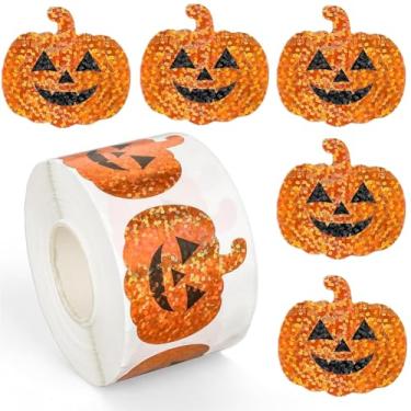 Imagem de 500 peças de adesivos de abóbora de Halloween rolo de 3 cm a laser sorridente em forma de abóbora decalques à prova d'água laranja brilhante adesivos autoadesivos para decoração de envelopes de festa
