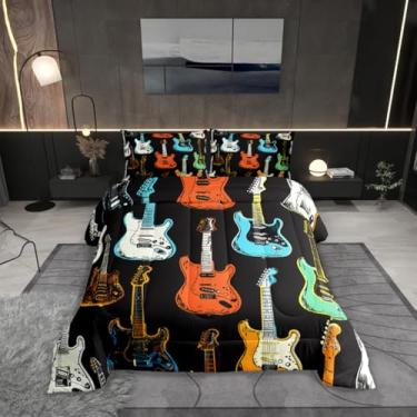 Imagem de Castle Fairy Jogo de cama king com guitarra colorida, instrumentos musicais, para crianças, adolescentes, rock, baixo, música, desenho, estilo esboço, com 2 fronhas