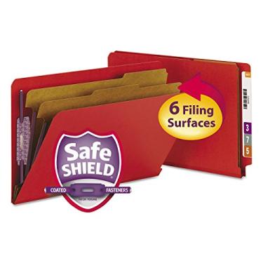 Imagem de Smead Pasta de arquivo de classificação 100% reciclado com fecho SafeSHIELD, 2 divisores, expansão de 5 cm, tamanho legal, vermelho brilhante, 10 por caixa (29783)