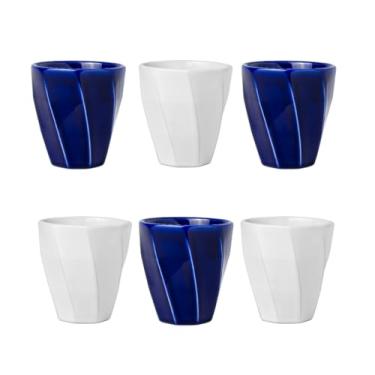 Imagem de Kit 6 Copos Cerâmicos Louça 260ml Design Moderno, Ideal para Café, Chá, Bebidas Quentes, Porta Objetos e Escovas - E-FCS Store (Branco/Azul)