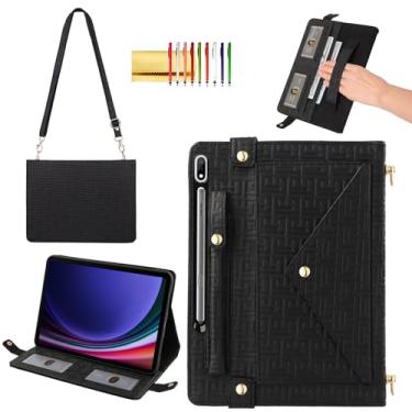 Imagem de Capa de mão para Samsung Galaxy Tab S8+/S7+/S7 FE de 12,4 polegadas, capa tiracolo elegante de couro PU com alça de mão + alça de ombro + porta-lápis + compartimentos para cartões, preta