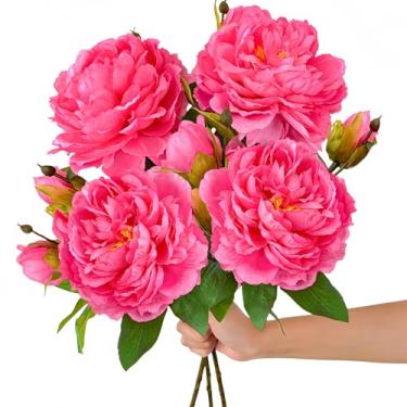 Imagem de ASTRYAS 4 peças de flores artificiais de peônias grandes, peônias artificiais rosa choque, peônias de seda, buquê de peônias falsas para mesa de centro de mesa, festa de casamento, decoração de casa