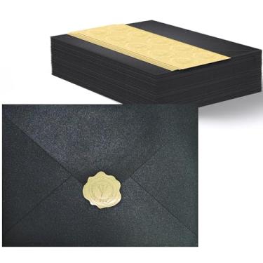 Imagem de 50 envelopes A7 pretos perolados com adesivos, envelopes brilhantes 13 x 7 para convites, ótimo para cartões de convites de casamento, aniversário de casamento, formatura, chá de bebê 13,3 x 18,4 cm