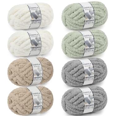 Imagem de Cozyful Fio grosso para tricotar à mão - #10 fio grosso de chenille, fios grandes e grossos para crochê, fios de manta de malha super volumosos, 8 novelos (25 m, 227 g/meada), creme, sálvia, cáqui e
