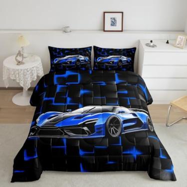 Imagem de Conjunto de edredom de carro de corrida, tamanho solteiro, blocos de néon azul, 2 peças, para decoração de quarto de crianças, meninas, meninos, carro Coll Speed, enchimento geométrico, quadrado