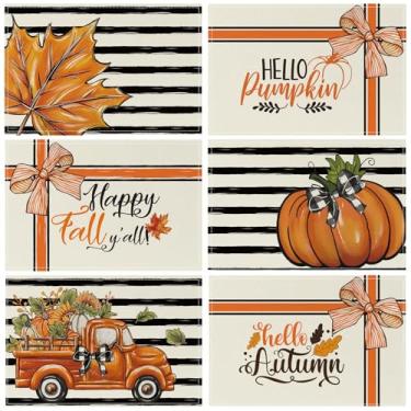 Imagem de Jogo americano Happy Fall Hello Pumpkin Conjunto de 6, listra preta, folhas de bordo, abóboras, caminhão, mesa, jantar, decoração de festa, colheita doméstica, 30,5 x 45,7 cm