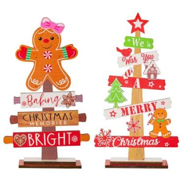 Imagem de 2 peças de placas centrais de Natal de madeira, placas de decoração de mesa de gnomo de madeira, topos de mesa de feliz Natal, decorações de centro de mesa para decoração interna de festas em casa de